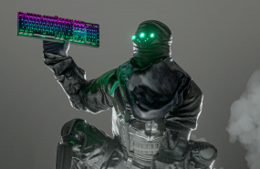 A character wearing tactical gear holds an Apex keyboard.
