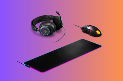An Arctis Nova 3, QcK Prism mousepad, annd Aerox 3 Wireless Onyx mouse with a purple to peach gradient background.