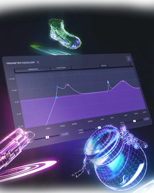 Screenshot of a Parametric Equalizer inside the Sonar software. It's surrounded by holograms of in-game items: boots, potions and bombs.