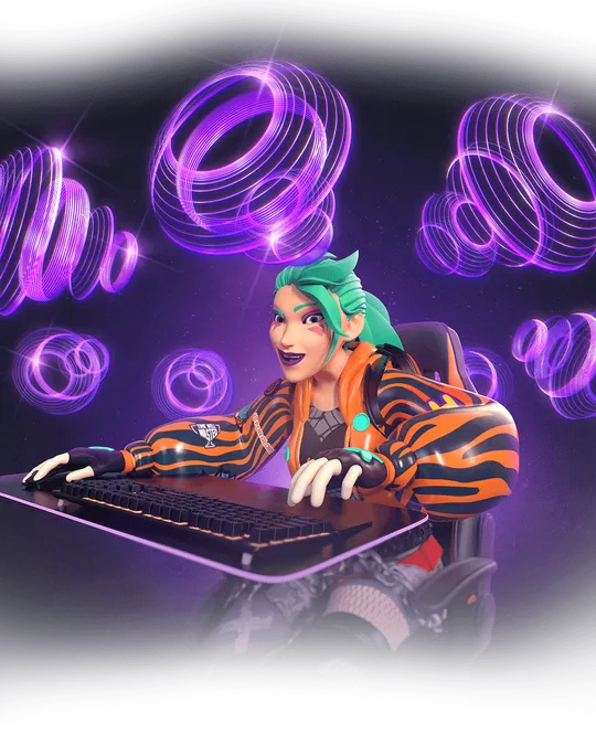 Gaming character playing a game, surrounded by seven circles indicating speakers in a surround sound system.